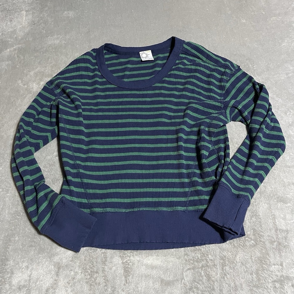 Offline by Aerie Waffle Top Womens XS Blue Green Striped Knit Thermal Pullover